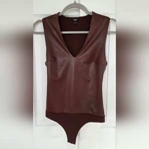 Express Body Contour Faux Leather Bodysuit – Chocolate Brown – Size XS